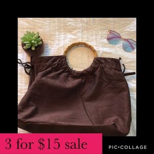 Brown/floral canvas bag w/bamboo style ring handle